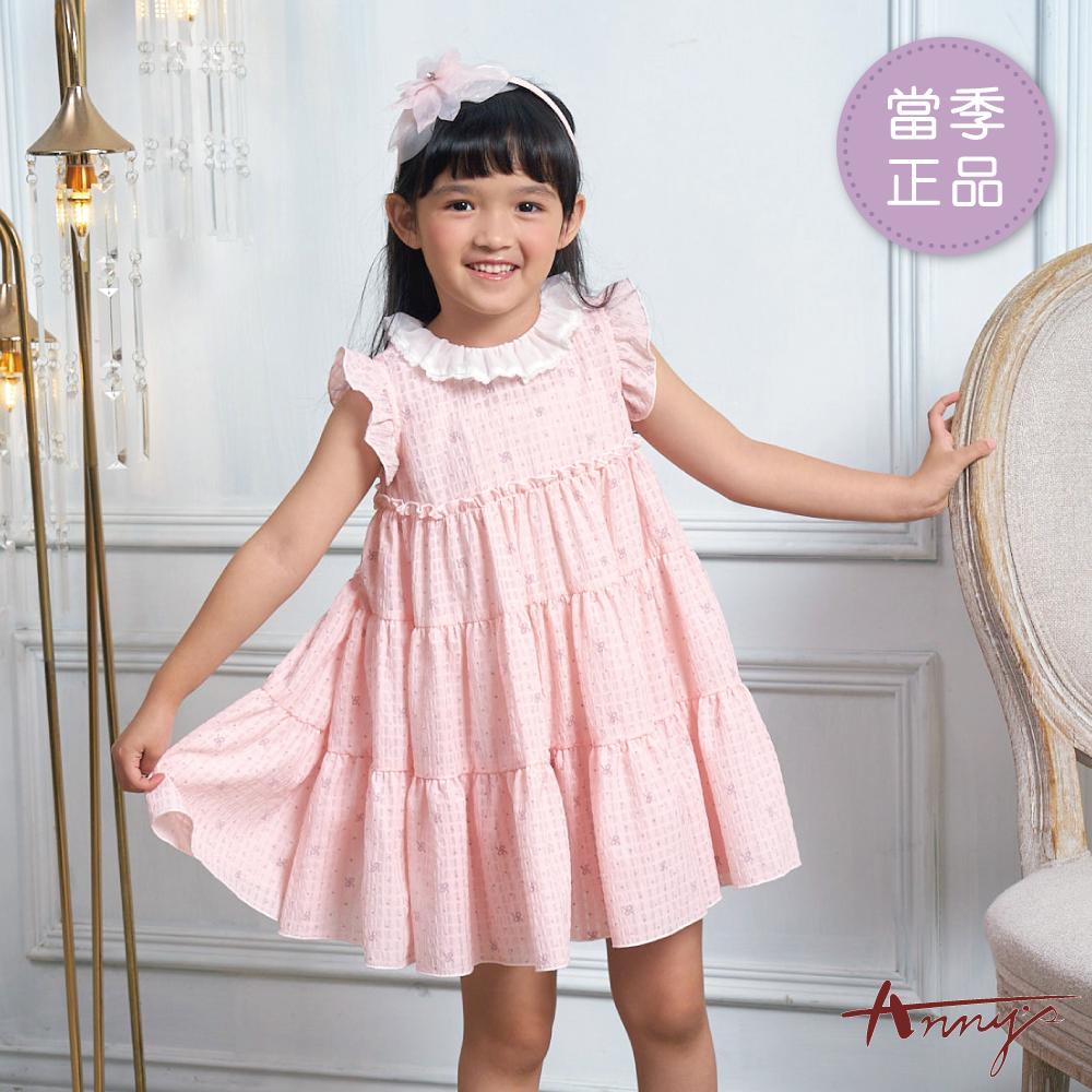 【預購款】4號(100cm)_可愛小圖樣方格紋春夏款荷葉袖蛋糕裙洋裝*4166粉紅