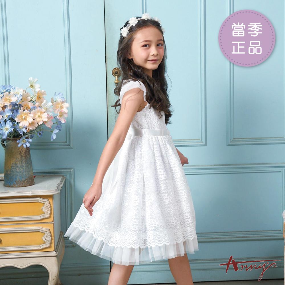 6號(110cm)_甜美細緻花朵蕾絲層次裙襬春夏款網紗袖禮服*4102白色