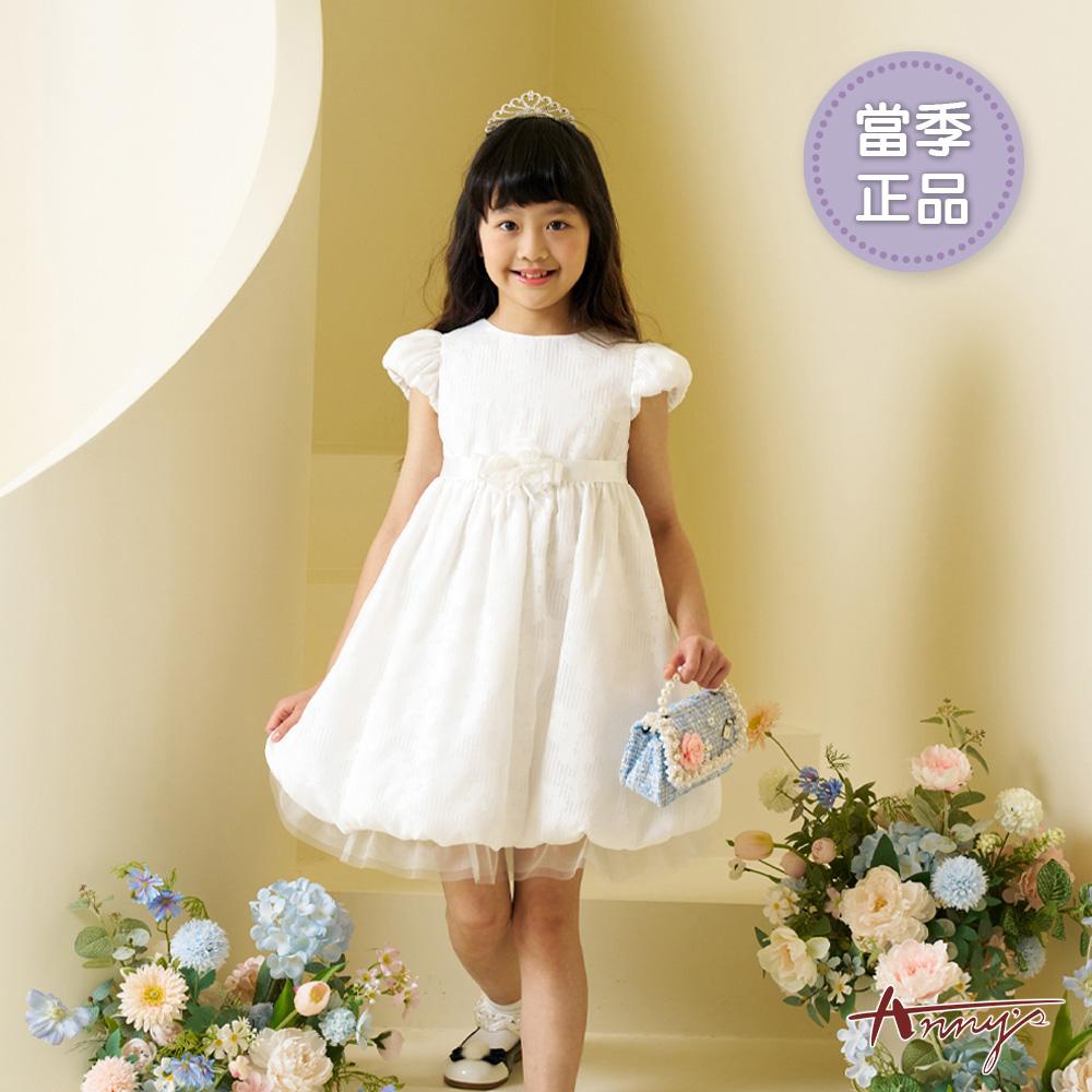 浪漫花朵網紗蕾絲腰間綁帶春夏款公主袖禮服*6122白色