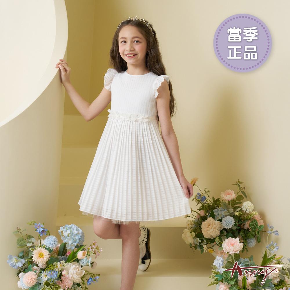 氣質百褶連衣裙腰間花朵設計春夏款荷葉袖禮服*6112白色