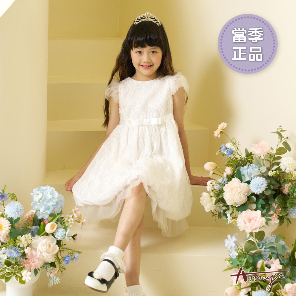 甜美花卉蕾絲腰間蝴蝶結設計春夏款公主袖禮服*6109白色