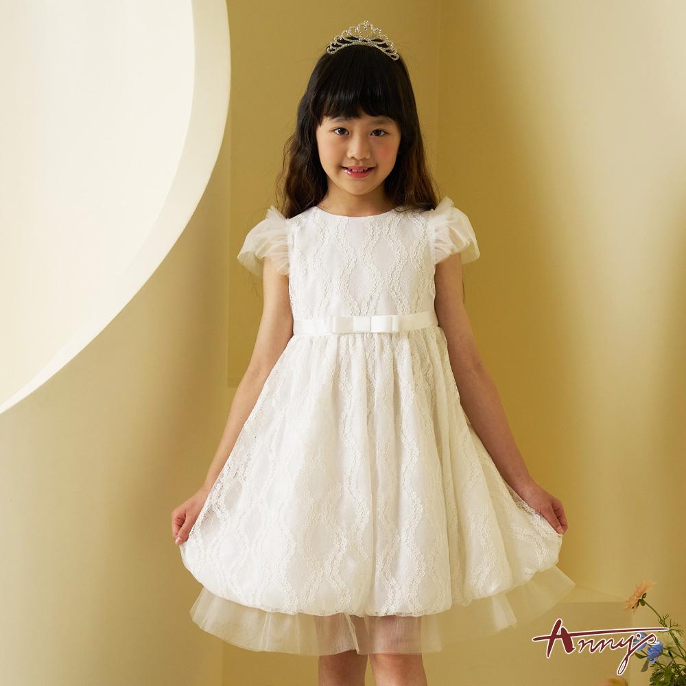 甜美花卉蕾絲腰間蝴蝶結設計春夏款公主袖禮服*6109白色
