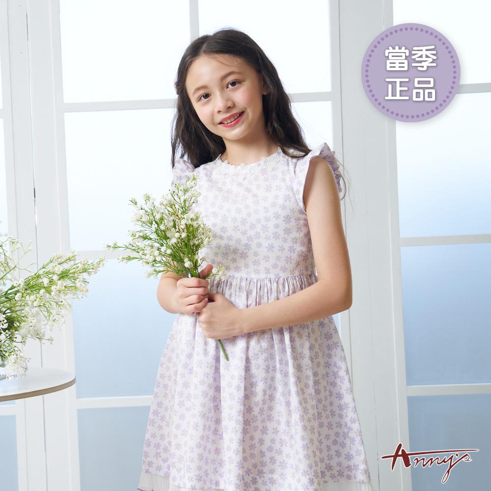 滿版紫色小花田園風春夏款純棉荷葉袖洋裝*6144紫色