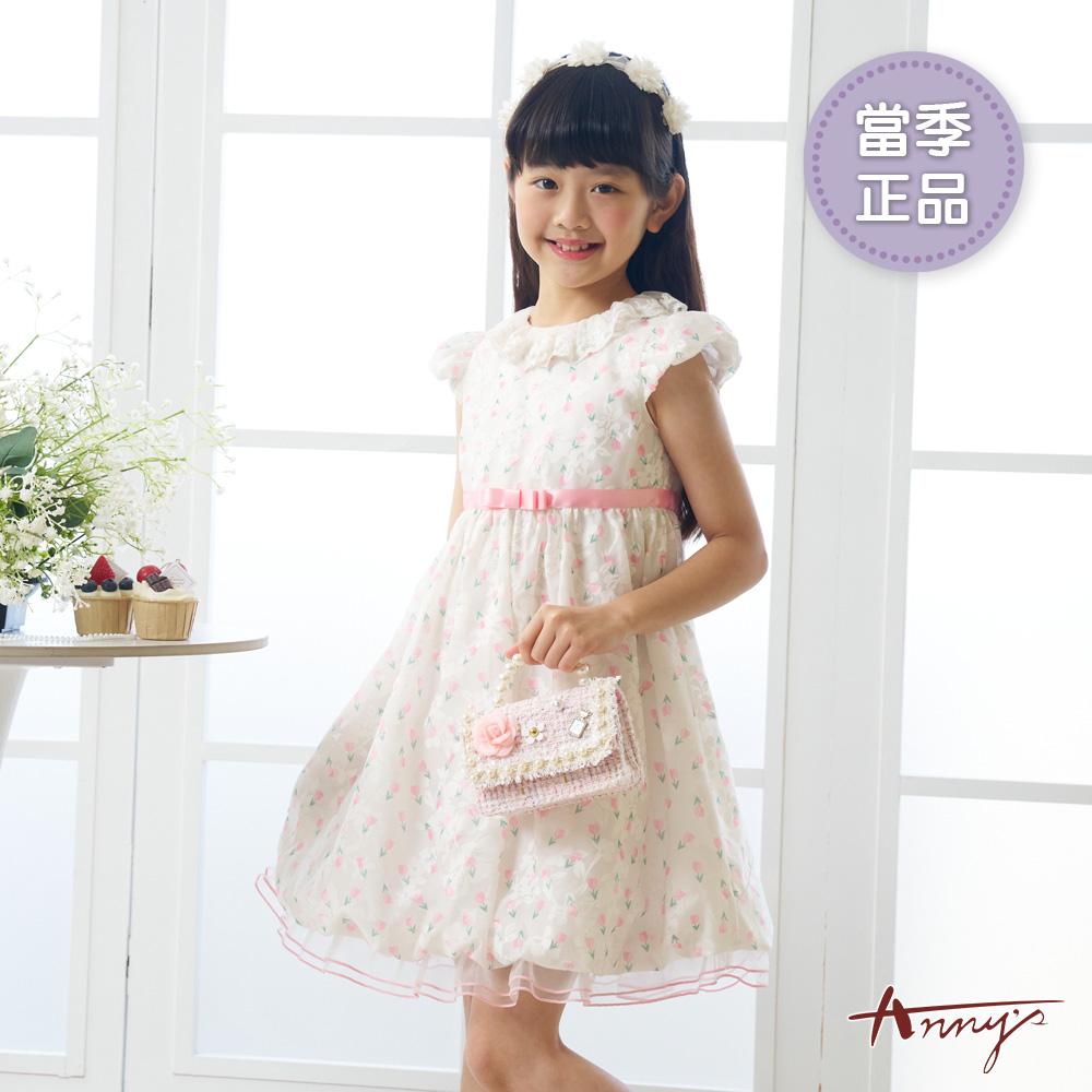 滿版鬱金香荷葉領裙襬網紗拼接春夏款短袖洋裝*6124粉紅