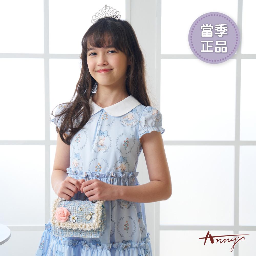 復古滿版兔子花朵圖騰圓領蛋糕裙設計春夏款短袖洋裝*6134水藍