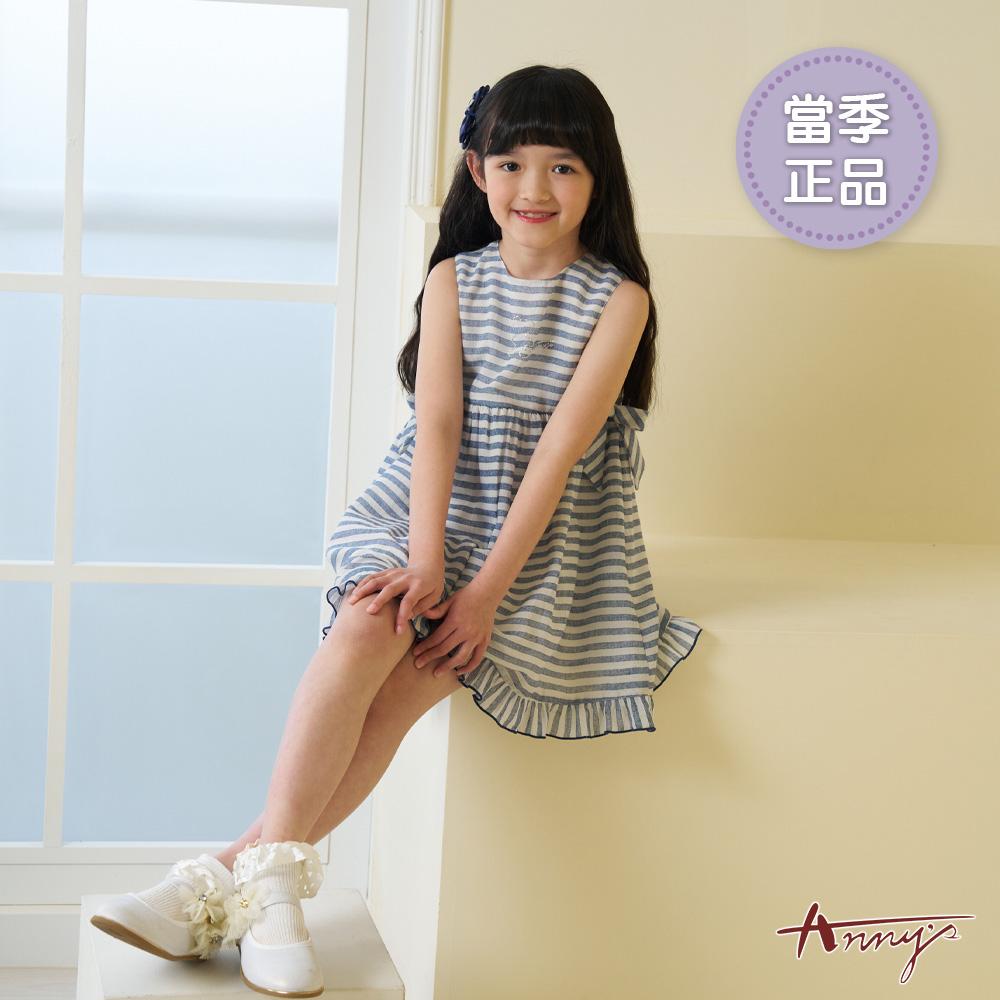 可愛純棉燙鑽熊熊裙襬荷葉邊造型春夏款無袖洋裝*6160藍色