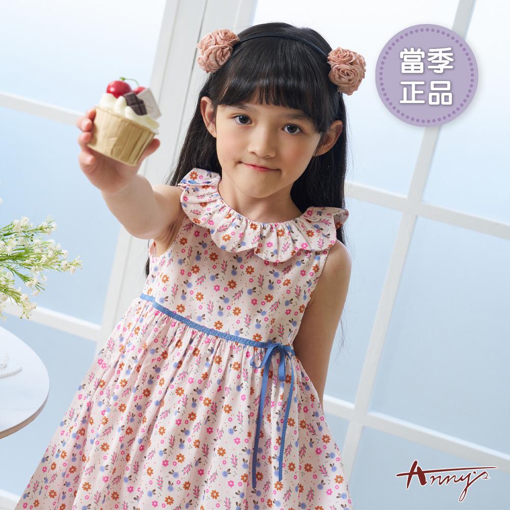 甜美純棉滿版小碎花荷葉領腰間綁帶春夏款無袖洋裝*6306粉紅