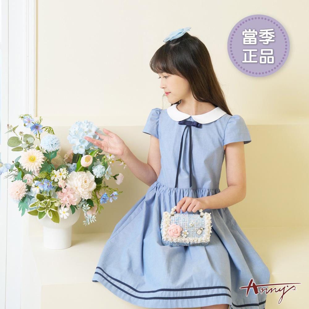 氣質學院風純棉娃娃領蝴蝶結綁帶春夏款短袖洋裝*6138水藍