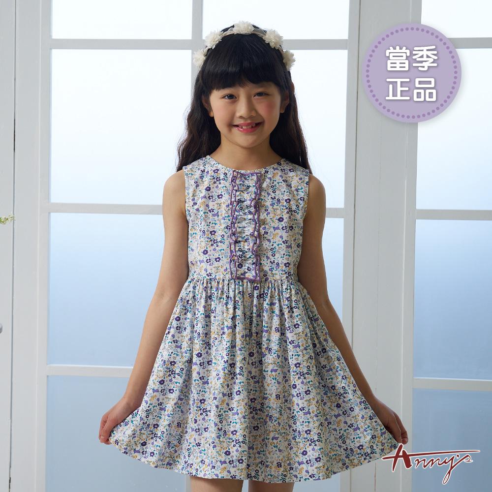 純棉田園滿版紫色小花荷葉拼接造型春夏款無袖洋裝*6304紫色