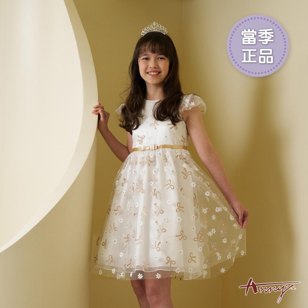 夢幻滿版金蔥蝴蝶結搭小花腰間綁帶春夏款公主袖禮服*6108金色