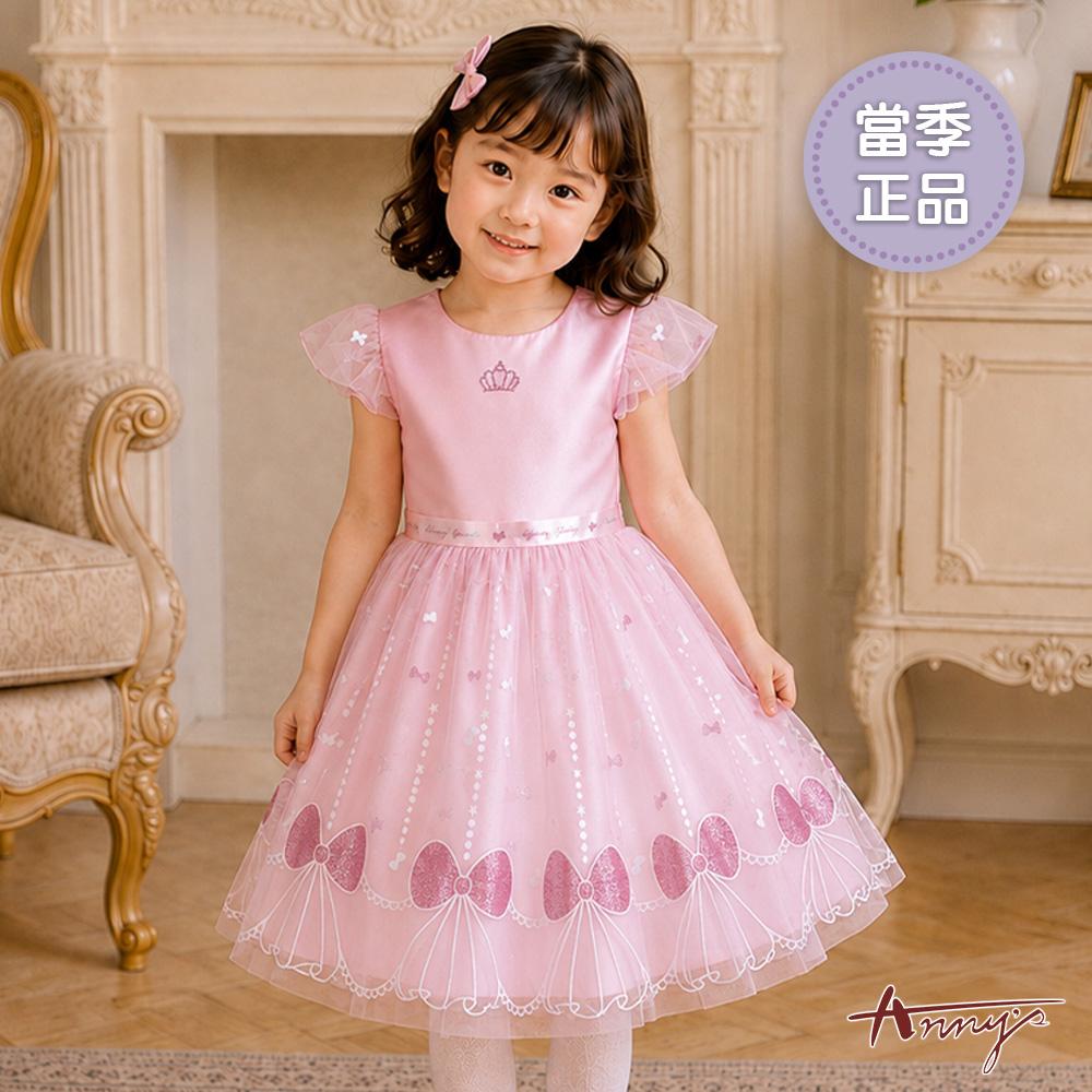優雅甜美LOGO燙鑽紗裙點綴精緻蝴蝶結圖案秋冬款短袖禮服*6207粉紅