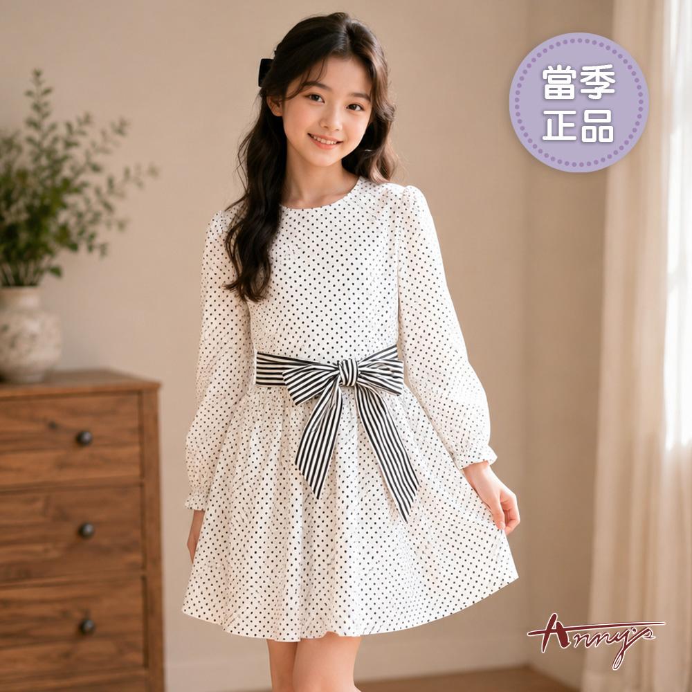 優雅黑白圓點復古搭配條紋蝴蝶結秋冬款長袖洋裝*6232白色