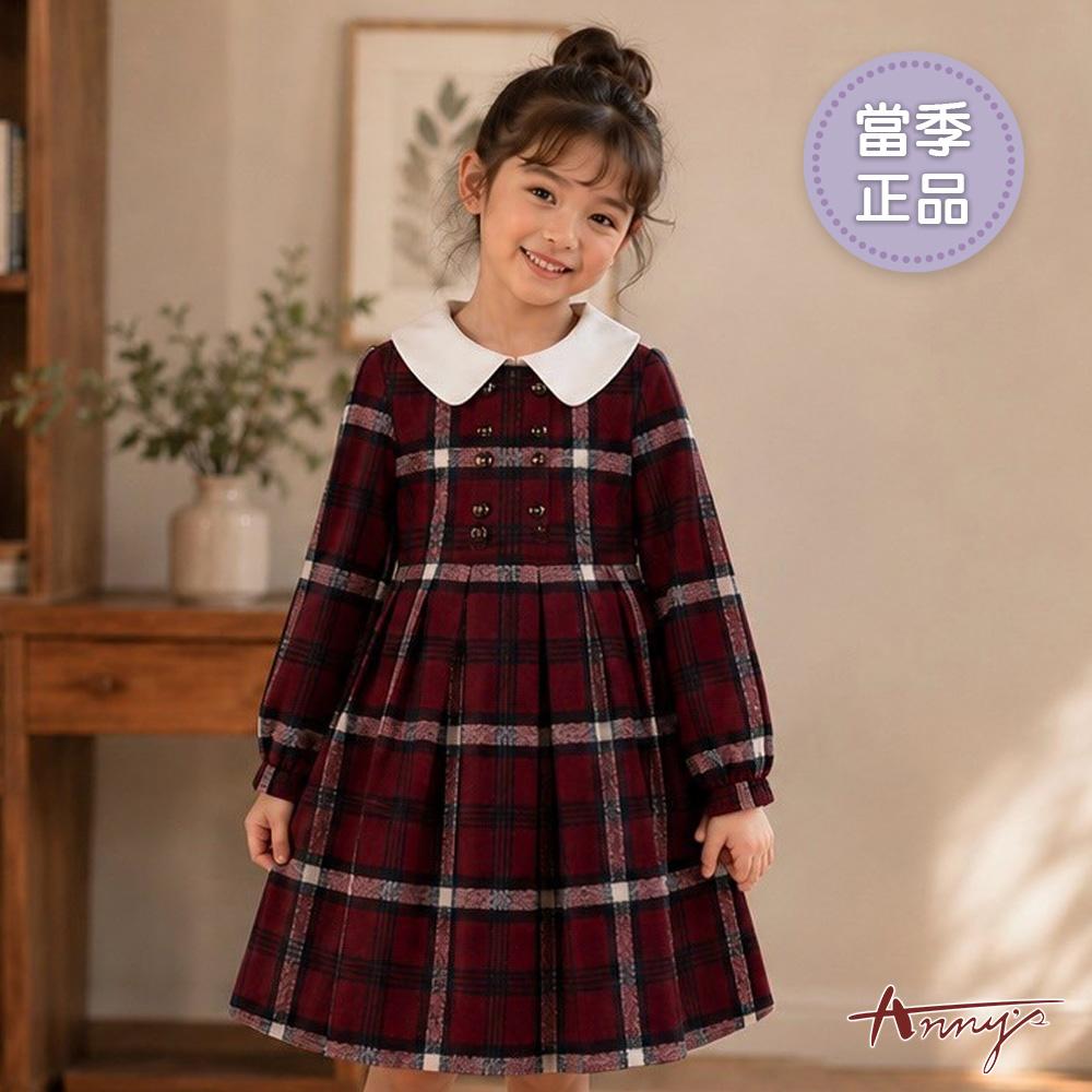 復古英倫風紅黑經典格紋搭大翻領與雙排釦秋冬款長袖洋裝*6233紅色